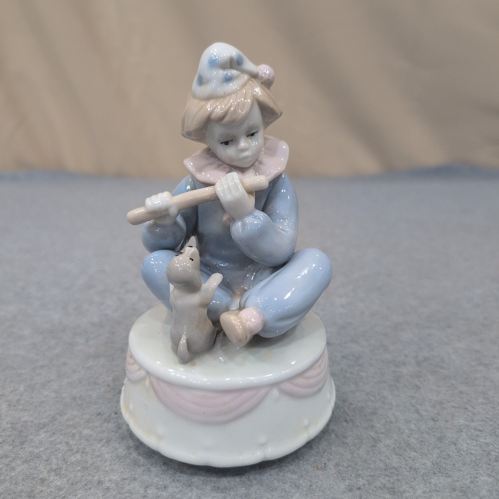 Meico Inc Porcelain Clown Flute Player Music Box Figurine Blue Pink Pastel VG+ - Picture 1 of 4
